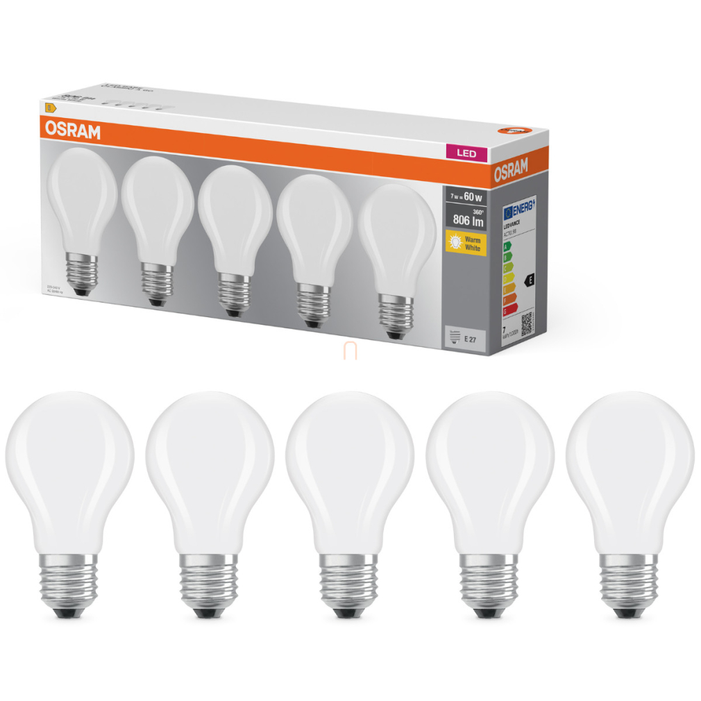 Osram E27 LED 7W, 806 lm, 2700 K, melegfehér, opál üveg-60 W normál izzó helyett, 5 darabos - Base Classic A