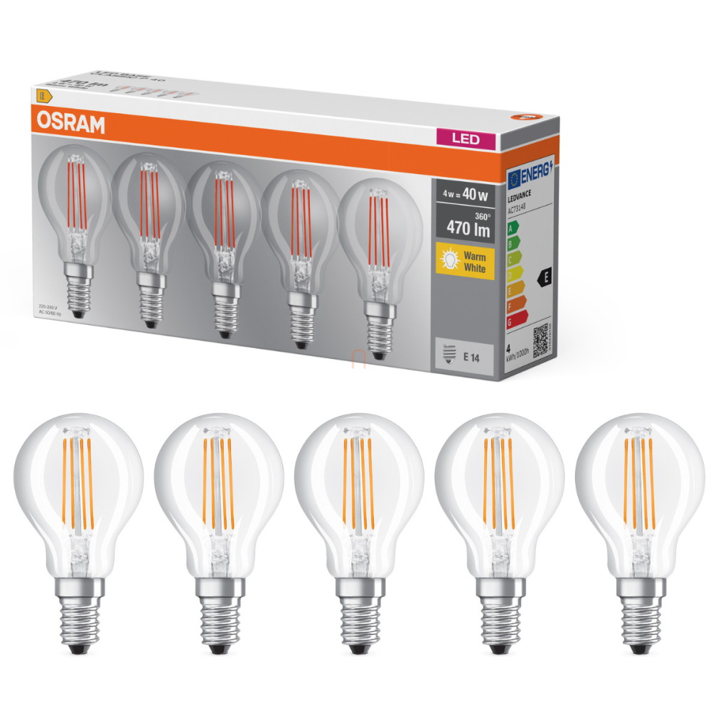 Osram E14 LED kisgömb, 4W, 470 lm, 2700 K, melegfehér, áttetsző üveg-40 W izzó helyett, 5 darabos - Base Classic P filament