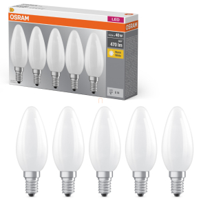   Osram E14 LED gyertya, 4,2W, 470 lm, 2700 K, melegfehér, opál üveg-40 W izzó helyett, 5 darabos - Base Classic B