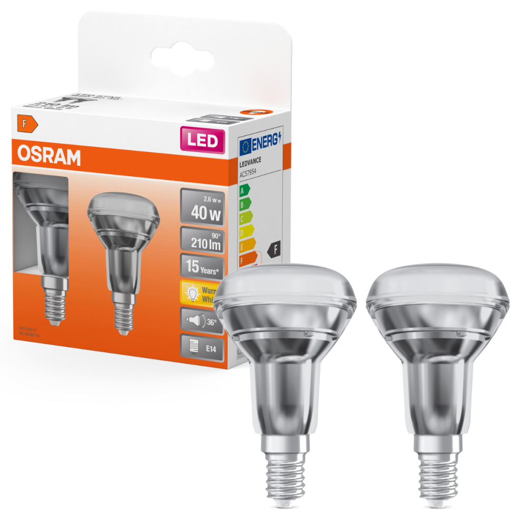 Osram E14 LED reflektor, 2,6W, 210 lm, 2700 K, melegfehér, áttetsző üveg-40 W izzó helyett, 2 darabos - Star Spot R50