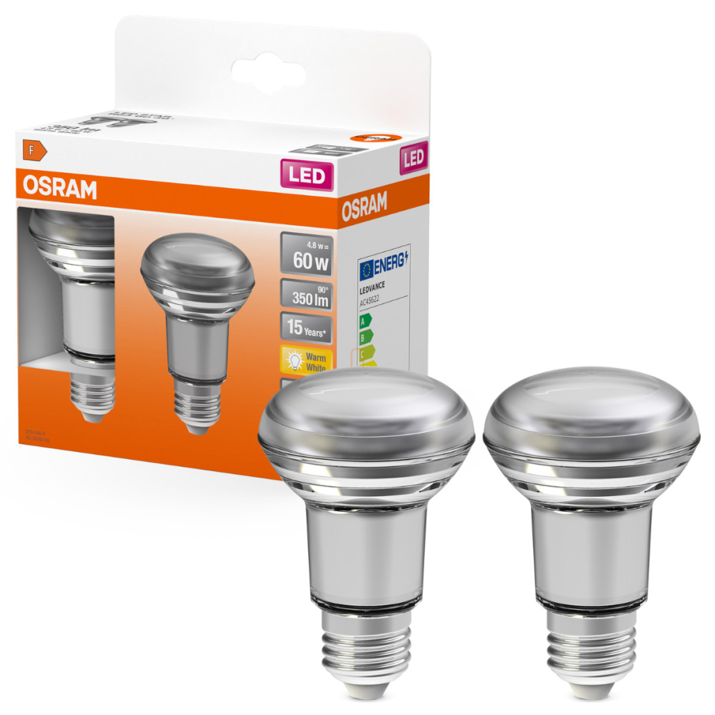 Osram E27 LED reflektor, 4,8W, 350 lm, 2700 K, melegfehér, áttetsző üveg-60 W izzó helyett, 2 darabos - Star Spot R63
