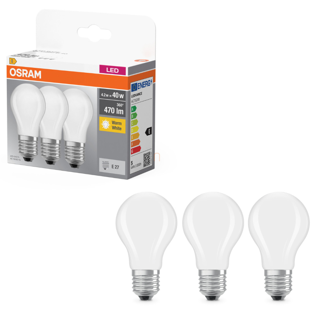 Osram E27 LED kisgömb, 4,2W, 470 lm, 2700 K, melegfehér, opál üveg-40 W izzó helyett, 3 darabos - Base Classic P
