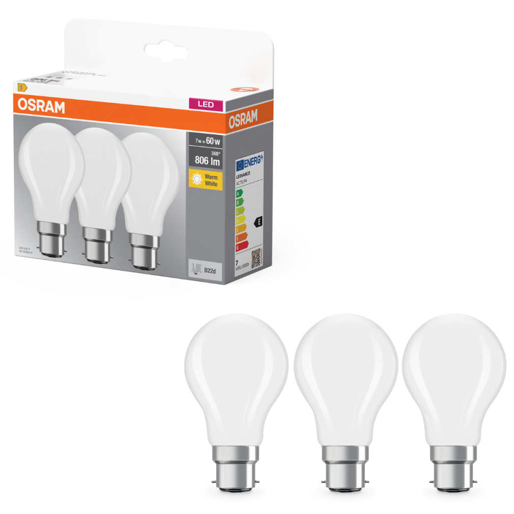 Osram B22d LED 7W, 806 lm, 2700 K, melegfehér, opál üveg-60 W izzó helyett, 3 darabos - Base Classic A