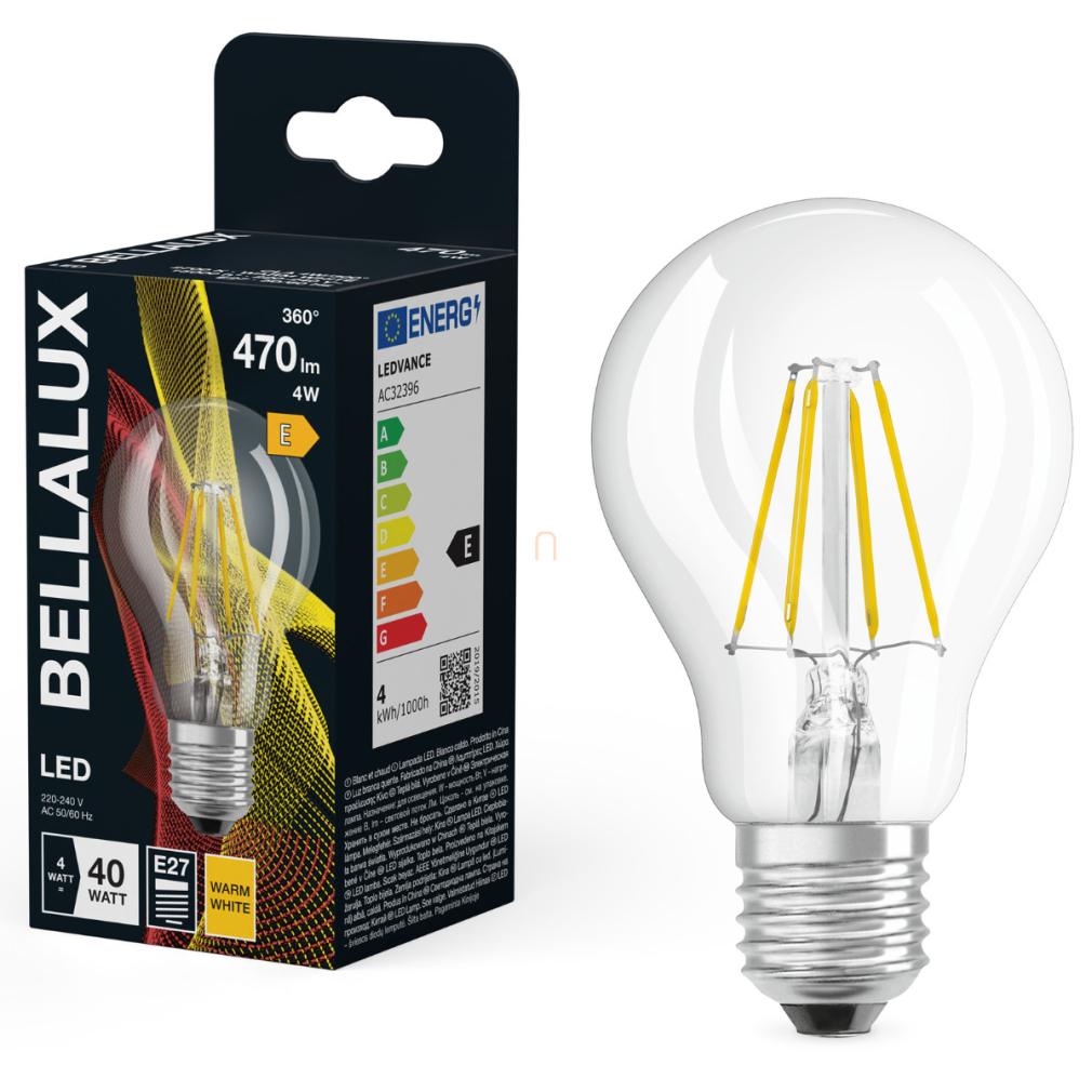 Bellalux E27 LED, 4W, 470 lm, 2700 K, melegfehér, áttetsző üveg-40 W normál izzó helyett - Classic A 40 filament