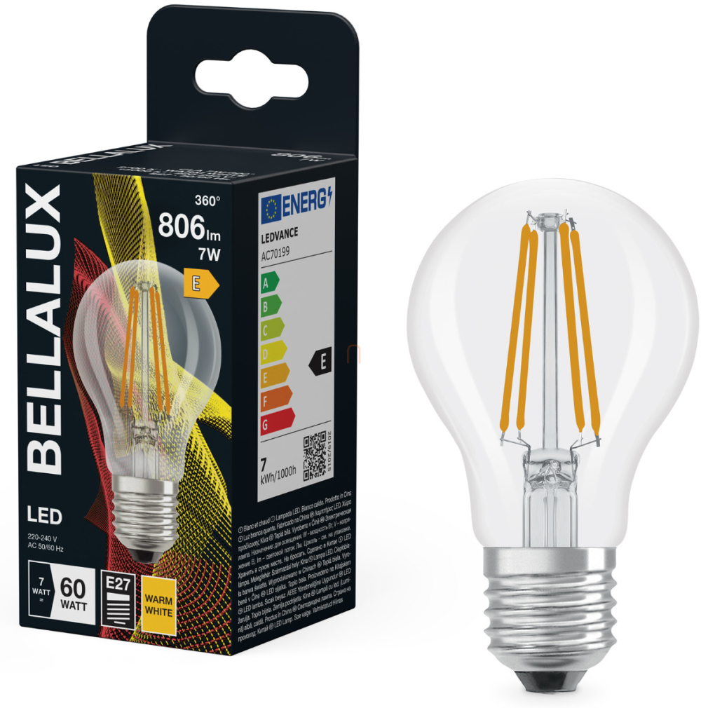 Bellalux E27 LED, 7W, 806 lm, 2700 K, melegfehér, áttetsző üveg-60 W normál izzó helyett - Classic A 60 filament