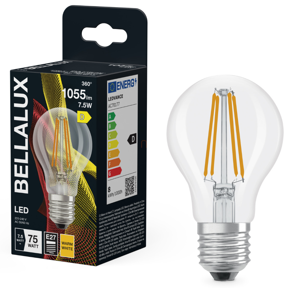Bellalux E27 LED, 7,5W, 1055 lm, 2700 K, melegfehér, áttetsző üveg-75 W normál izzó helyett - Classic A 75 filament
