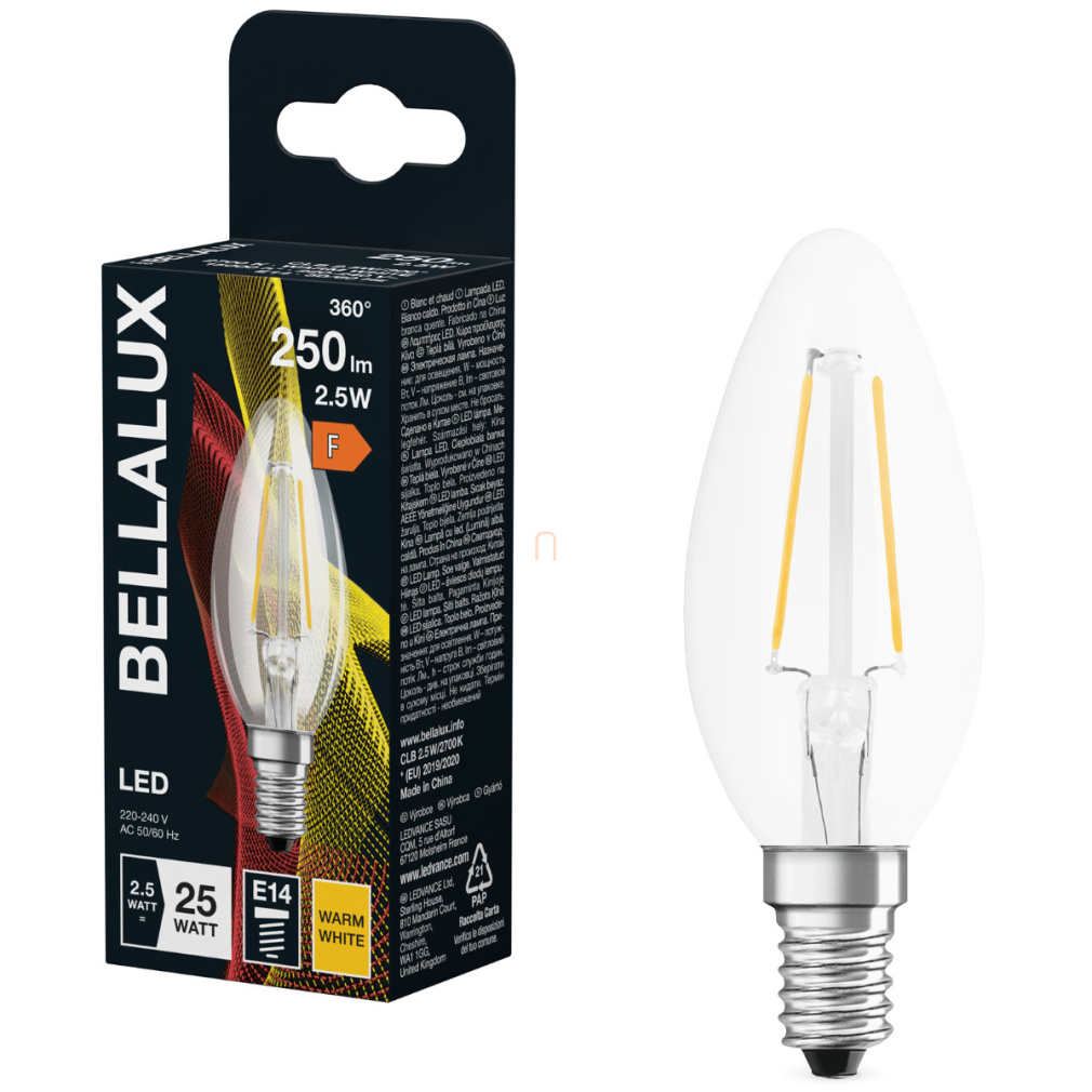Bellalux E14 LED gyertya, 2,5W, 250 lm, 2700 K, melegfehér, áttetsző üveg-25 W izzó helyett - Classic B filament