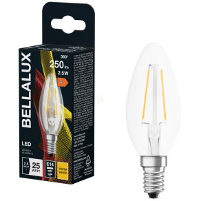   Bellalux E14 LED gyertya, 2,5W, 250 lm, 2700 K, melegfehér, áttetsző üveg-25 W izzó helyett - Classic B filament