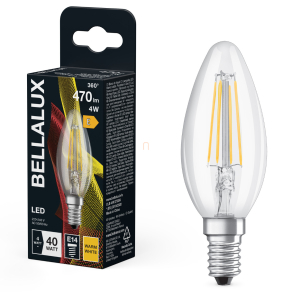   Bellalux E14 LED gyertya, 4W, 470 lm, 2700 K, melegfehér, áttetsző üveg-40 W izzó helyett - Classic B filament