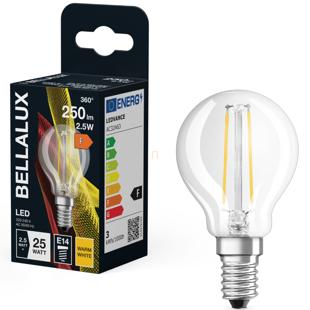 Bellalux E14 LED kisgömb, 2,5W, 250 lm, 2700 K, melegfehér, áttetsző üveg-25 W izzó helyett - Classic P filament
