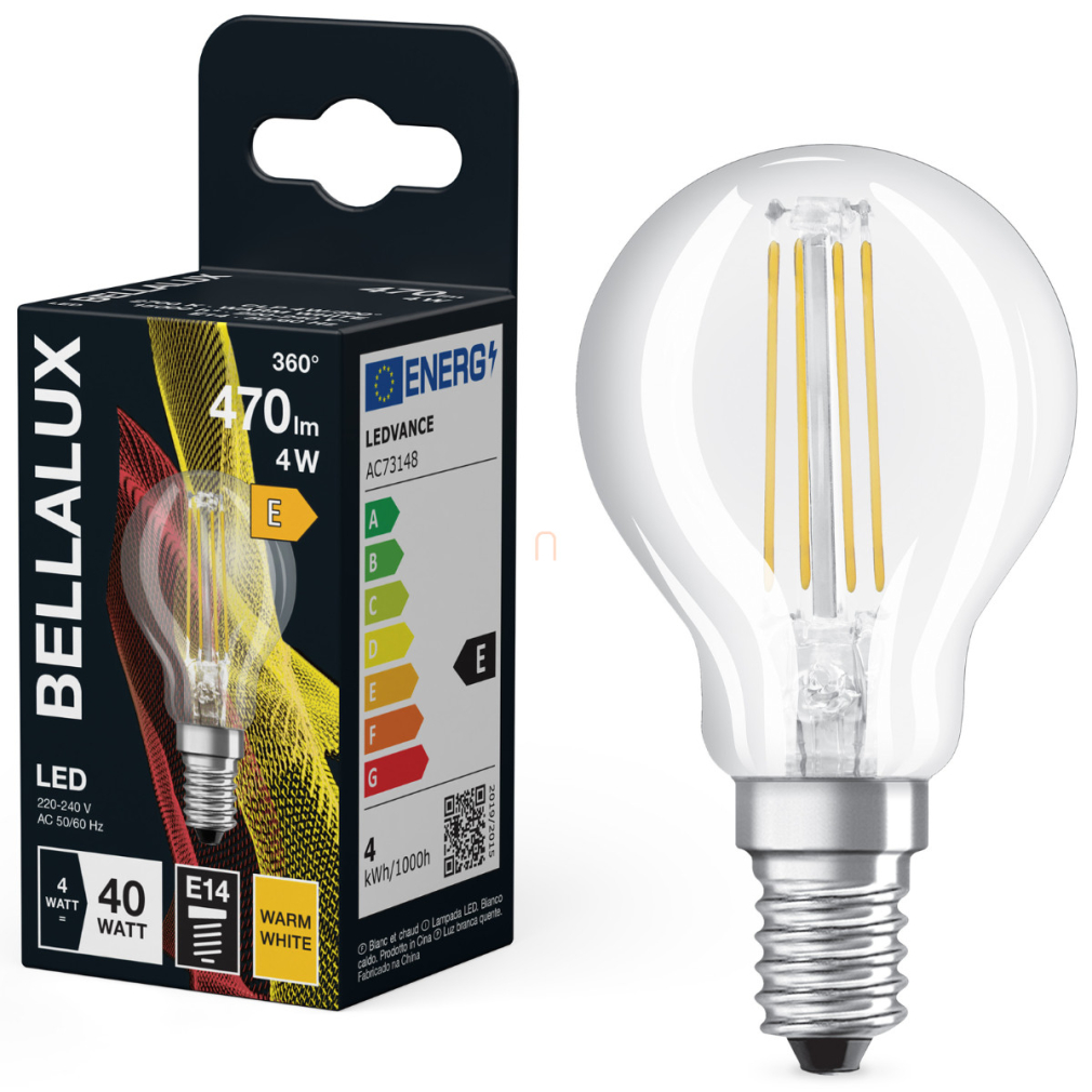 Bellalux E14 LED kisgömb, 4W, 470 lm, 2700 K, melegfehér, áttetsző üveg-40 W izzó helyett - Classic P filament