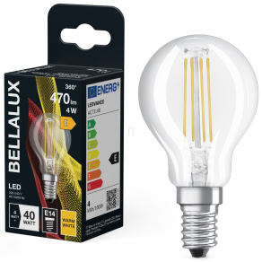   Bellalux E14 LED kisgömb, 4W, 470 lm, 2700 K, melegfehér, áttetsző üveg-40 W izzó helyett - Classic P filament