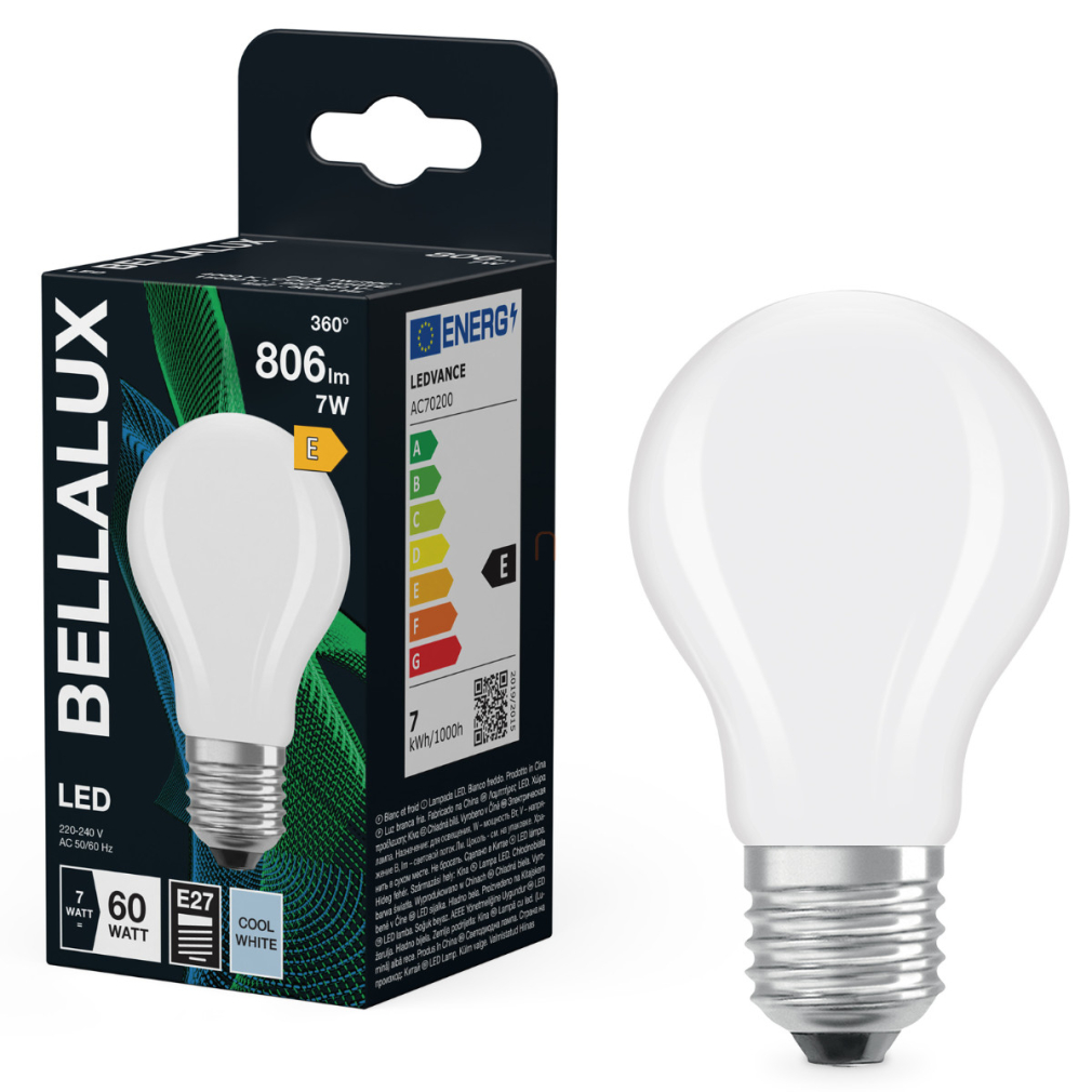 Bellalux E27 LED, 7W, 806 lm, 4000 K, hidegfehér, opál üveg-60 W normál izzó helyett - Classic A 