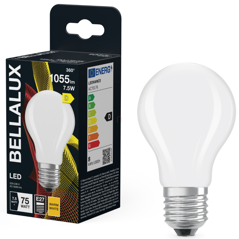 Bellalux E27 LED, 7,5W, 1055 lm, 2700 K, melegfehér, opál üveg-75 W normál izzó helyett - Classic A 