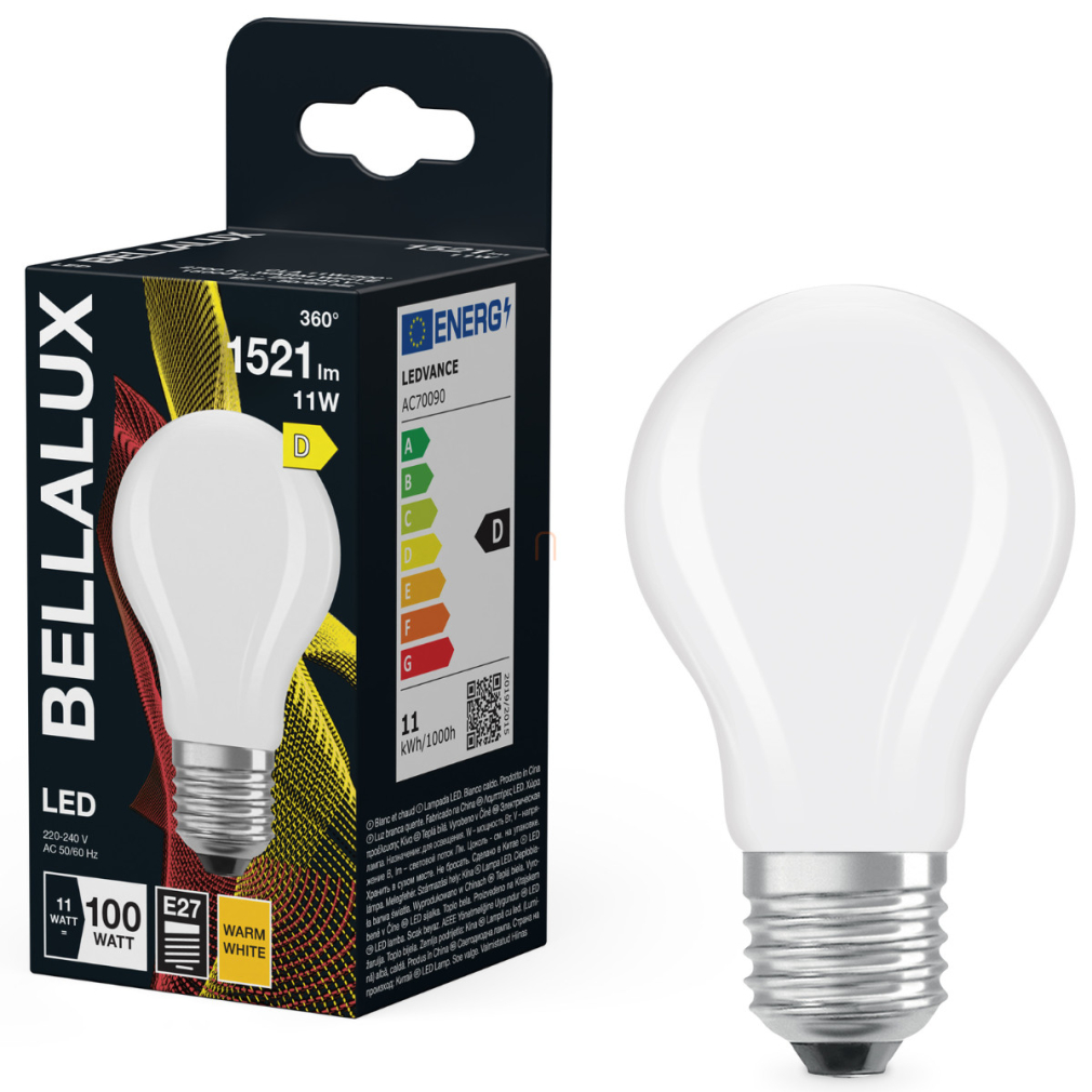 Bellalux E27 LED, 11W, 1521 lm, 2700 K, melegfehér, opál üveg-100 W normál izzó helyett - Classic A 