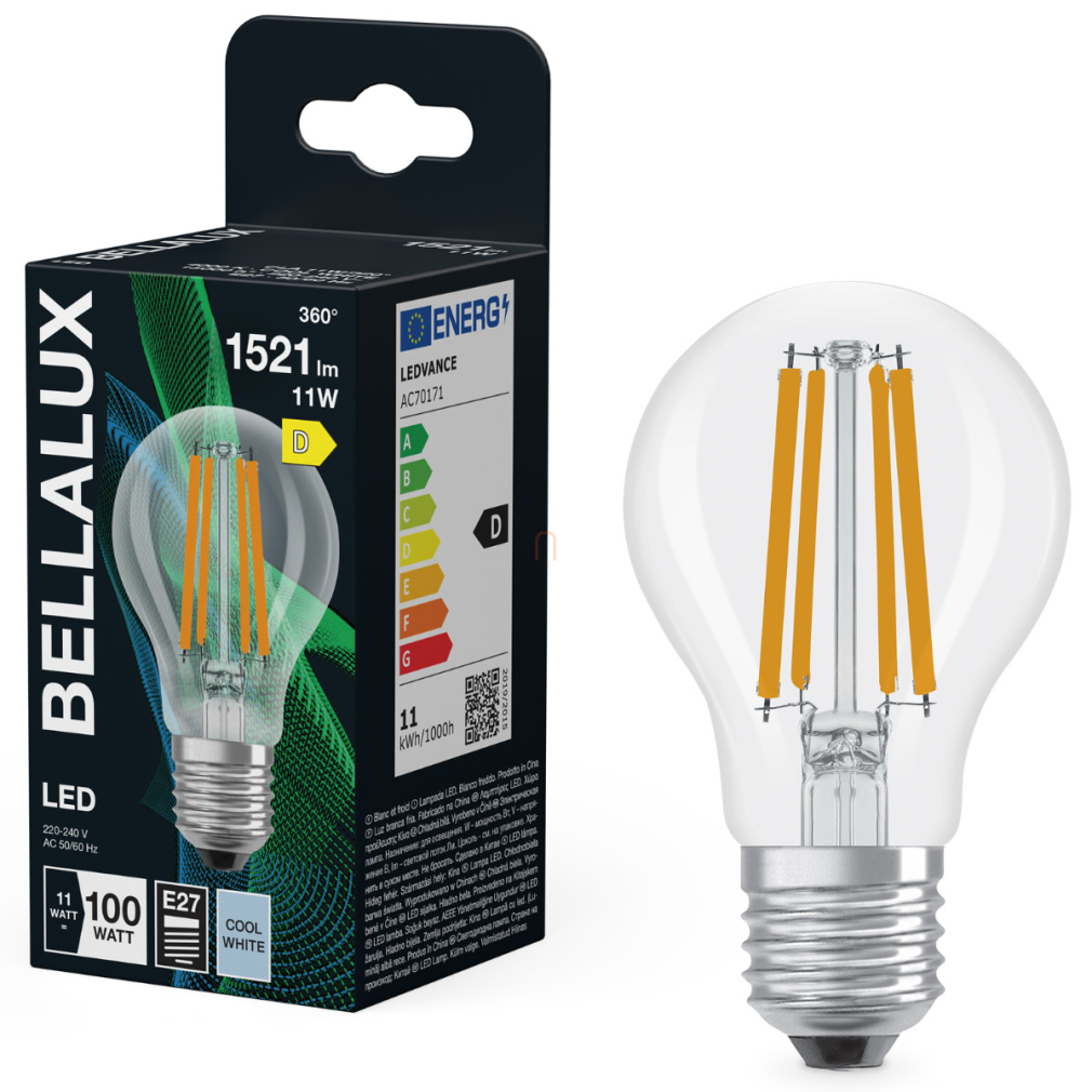Bellalux E27 LED, 11W, 1521 lm, 4000 K, hidegfehér, áttetsző üveg-100 W normál izzó helyett - Classic A 100 filament