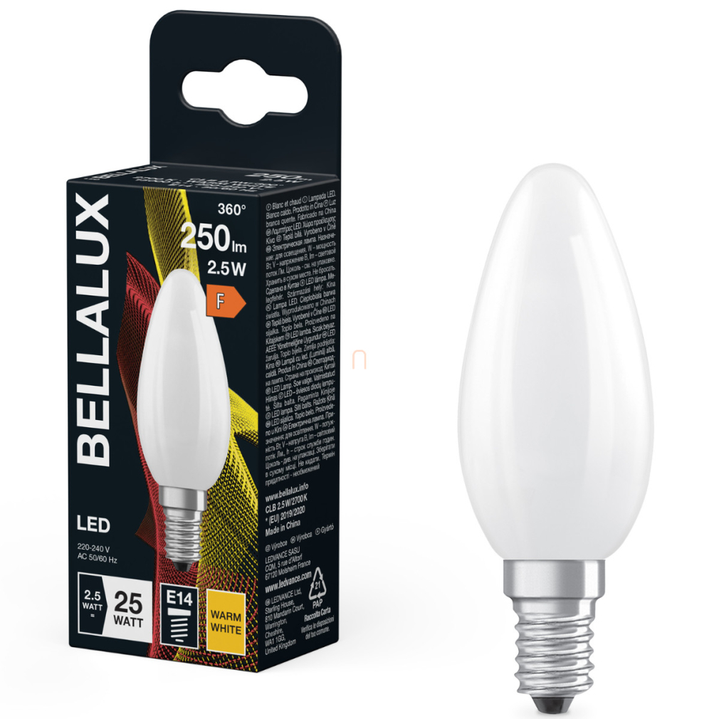 Bellalux E14 LED gyertya, 2,5W, 250 lm, 2700 K, melegfehér, opál üveg-25 W izzó helyett - Classic B