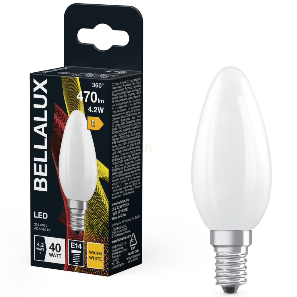 Bellalux E14 LED gyertya, 4,2W, 470 lm, 2700 K, melegfehér, opál üveg-40 W izzó helyett - Classic B