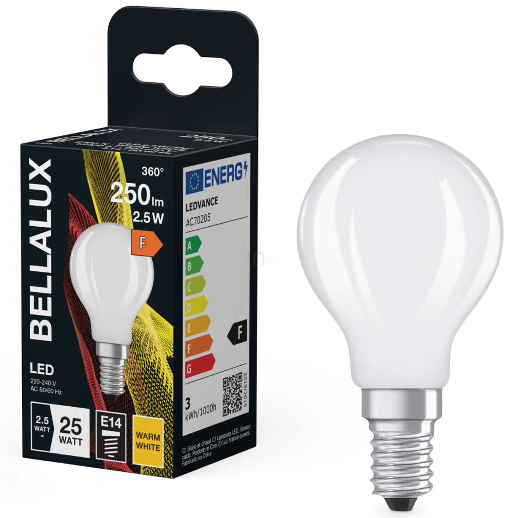 Bellalux E14 LED kisgömb, 2,5W, 250 lm, 2700 K, melegfehér, opál üveg-25 W izzó helyett - Classic P