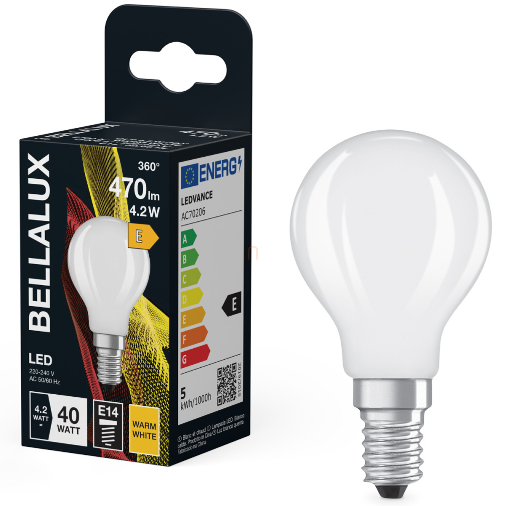 Bellalux E14 LED kisgömb, 4,2W, 470 lm, 2700 K, melegfehér, opál üveg-40 W izzó helyett - Classic P