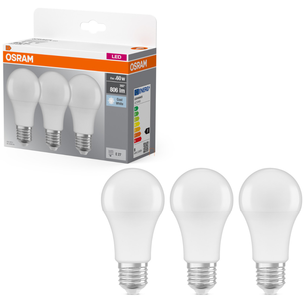 Osram E27 LED 8W, 806 lm, 4000 K, hidegfehér, opál műanyag-60 W normál izzó helyett, 3 darabos - Base Classic A