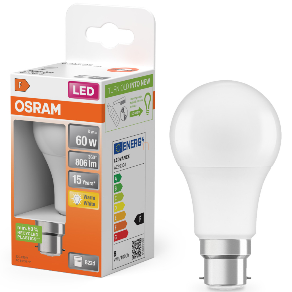 Osram B22d LED 8W, 806 lm, 2700 K, melegfehér, opál műanyag-60 W izzó helyett - Star Classic A