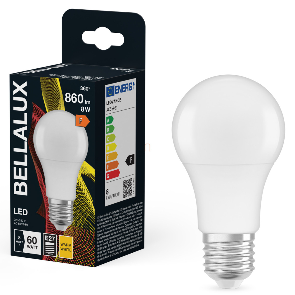 Bellalux E27 LED, 8W, 806 lm, 2700 K, melegfehér, opál műanyag-60 W normál izzó helyett - Classic A 