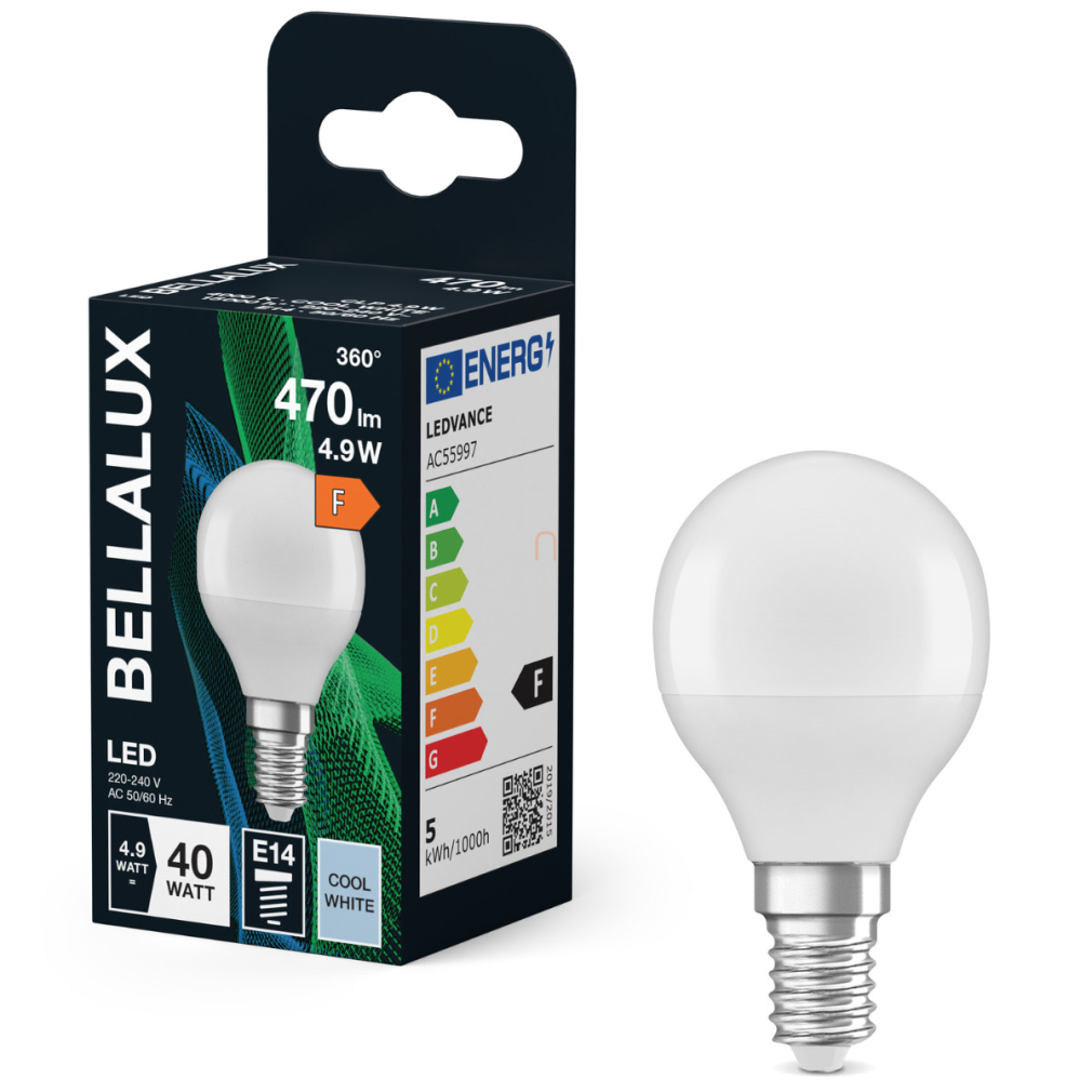 Bellalux E14 LED kisgömb, 4,9W, 470 lm, 4000 K, hidegfehér, opál műanyag-40 W izzó helyett - Classic P