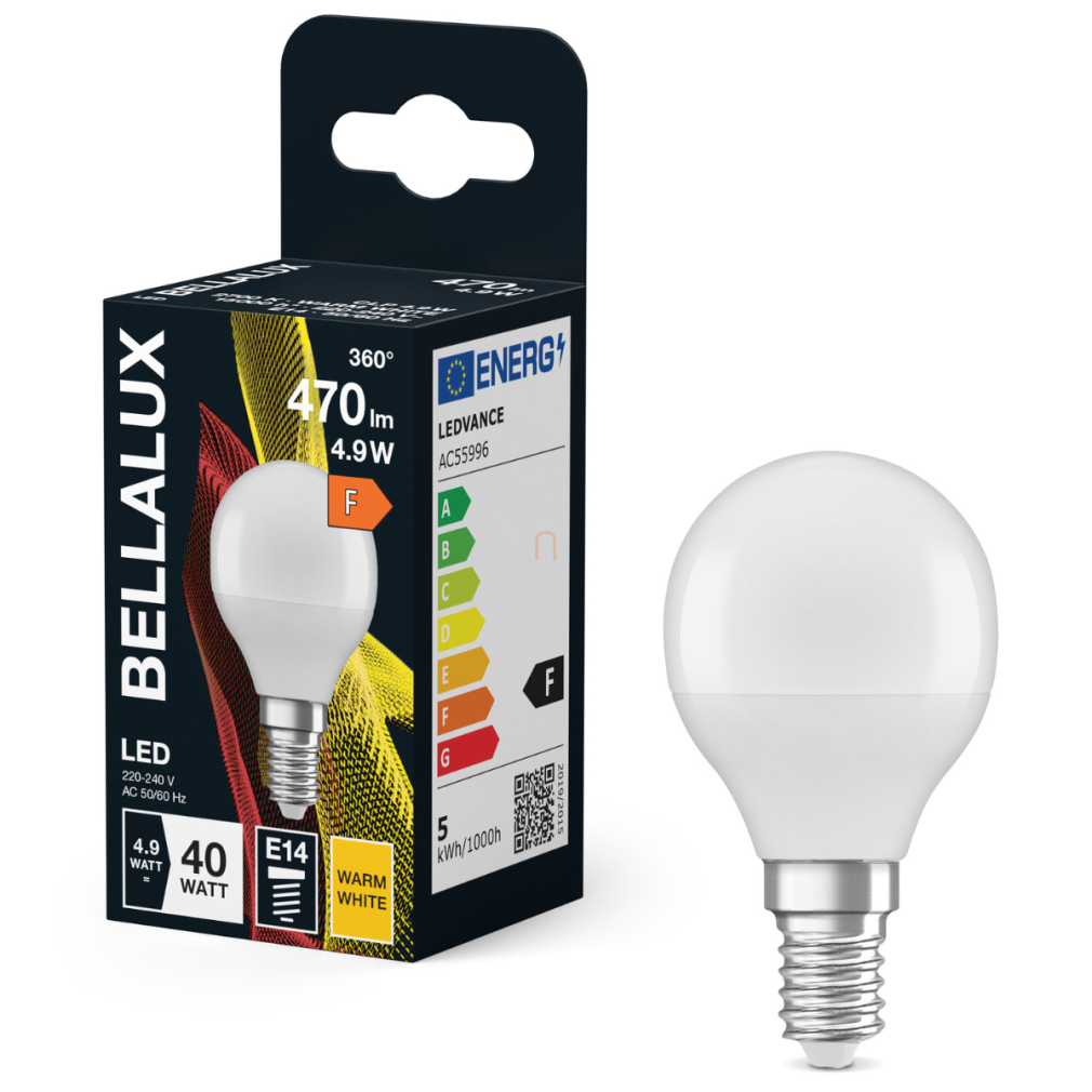 Bellalux E14 LED kisgömb, 4,9W, 470 lm, 2700 K, melegfehér, opál műanyag-40 W izzó helyett - Classic P