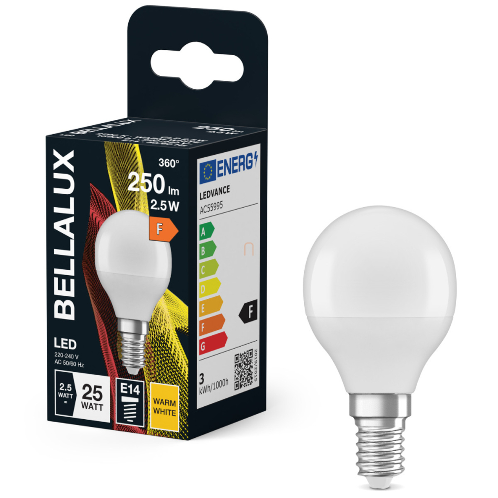 Bellalux E14 LED kisgömb, 2,5W, 250 lm, 2700 K, melegfehér, opál műanyag-25 W izzó helyett - Classic P
