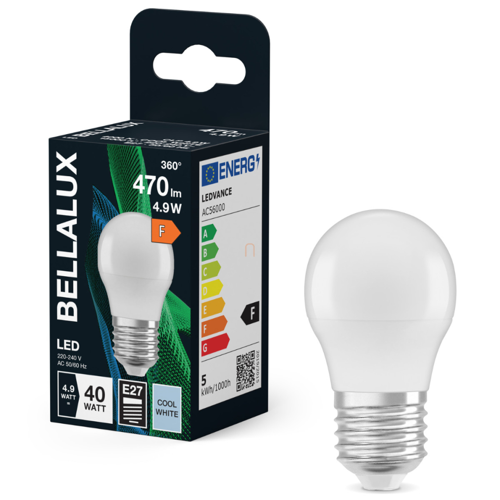 Bellalux E27 LED kisgömb, 4,9W, 470 lm, 4000 K, hidegfehér, opál műanyag-40 W izzó helyett - Classic P