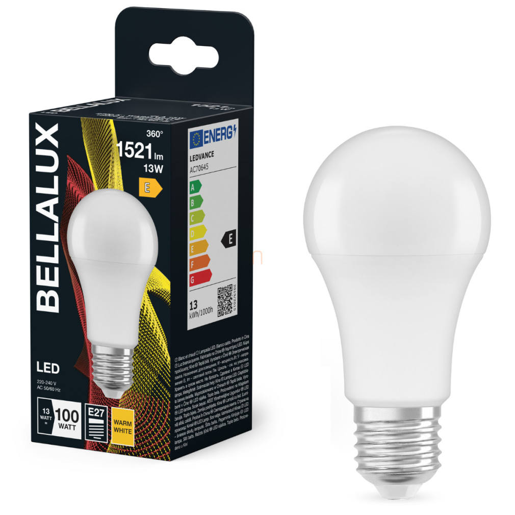 Bellalux E27 LED, 13W, 1521 lm, 2700 K, melegfehér, opál műanyag-100 W normál izzó helyett - Classic A 