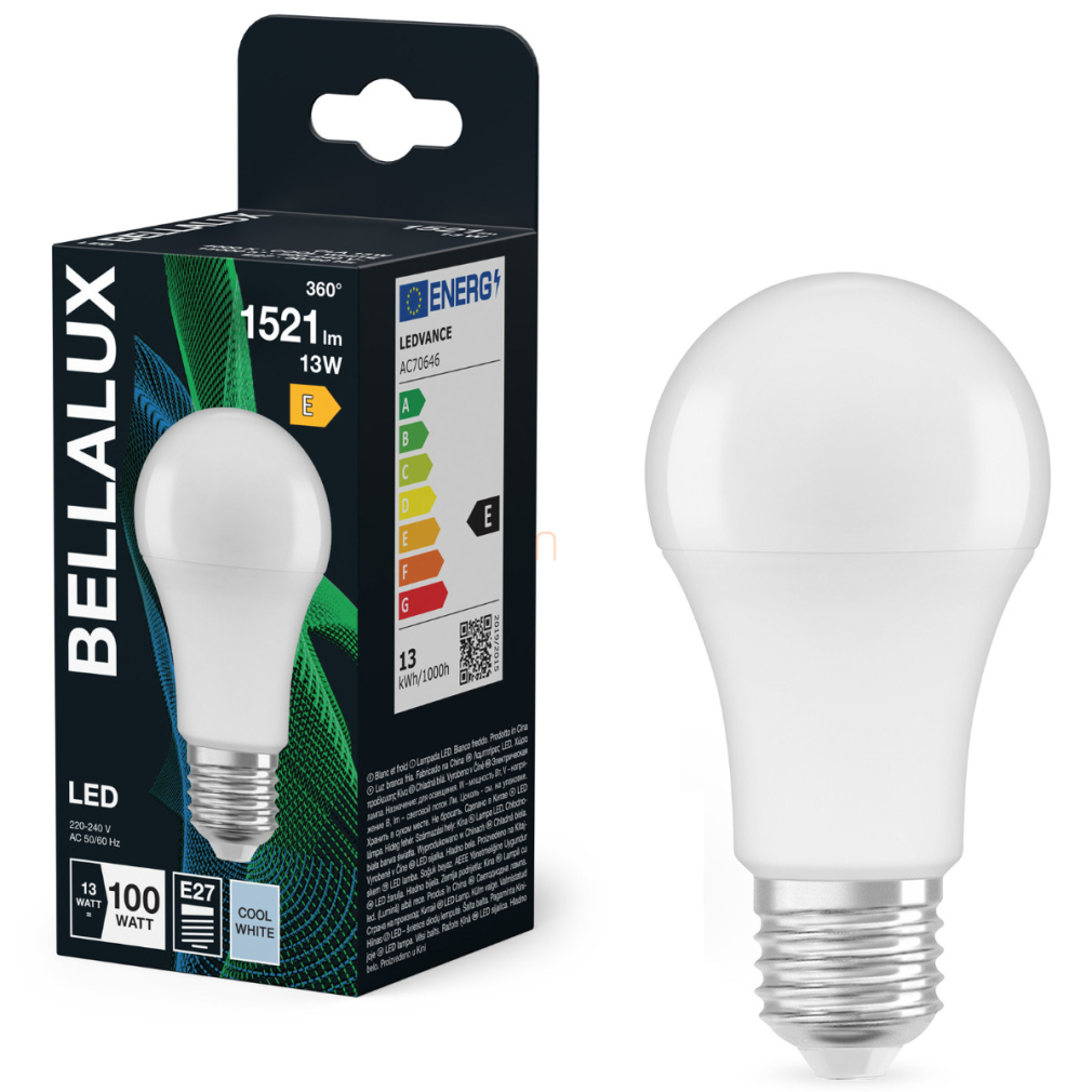 Bellalux E27 LED, 13W, 1521 lm, 4000 K, hidegfehér, opál műanyag-100 W normál izzó helyett - Classic A 