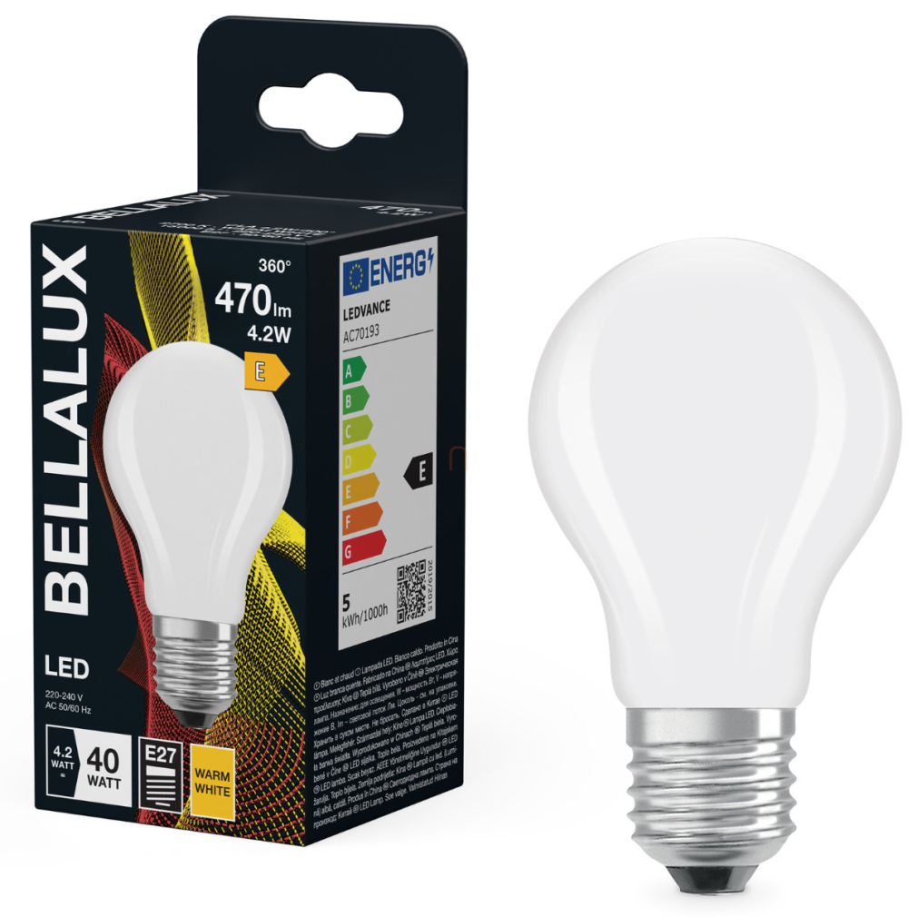 Bellalux E27 LED, 4,2W, 470 lm, 2700 K, melegfehér, opál üveg-40 W normál izzó helyett - Classic A 