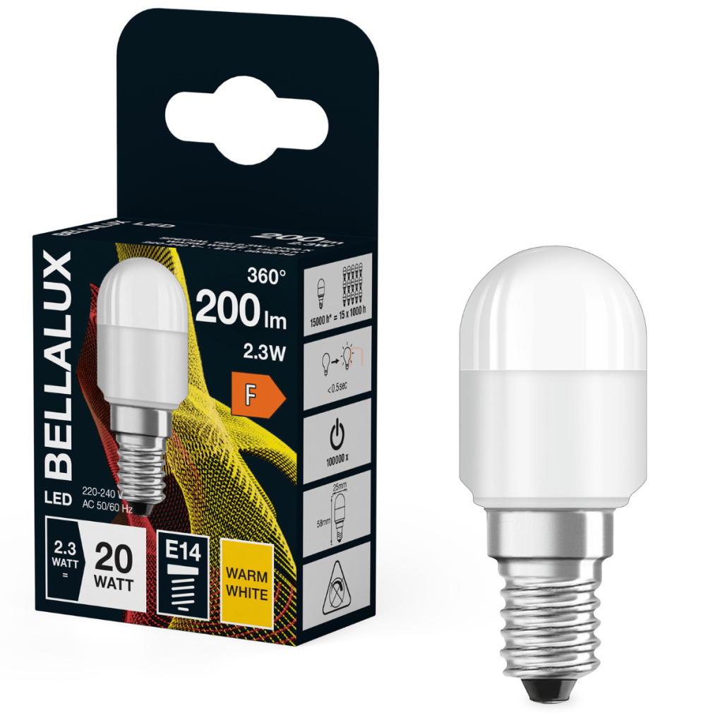 Bellalux E14 LED, 2,3W, 200 lm, 2700 K, melegfehér, opál műanyag-20 W izzó helyett - Special T26