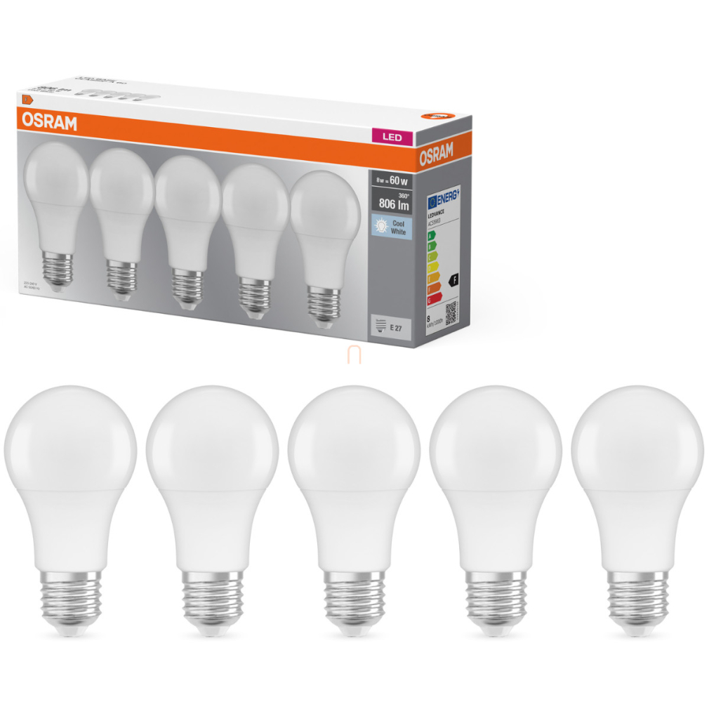 Osram E27 LED 8W, 806 lm, 4000 K, hidegfehér, opál műanyag-60 W normál izzó helyett, 5 darabos - Base Classic A