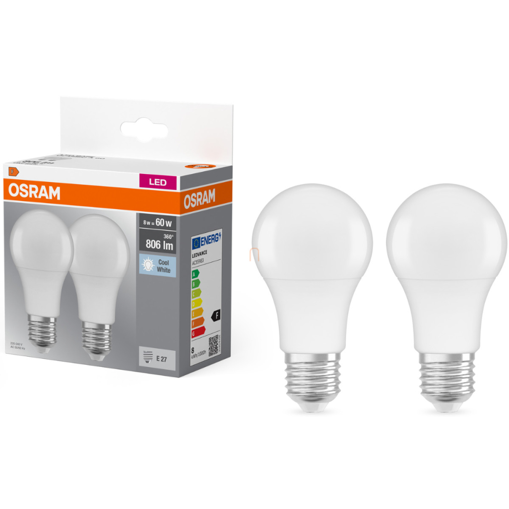 Osram E27 LED 8W, 806 lm, 4000 K, hidegfehér, opál műanyag-60 W normál izzó helyett, 2 darabos - Base Classic A