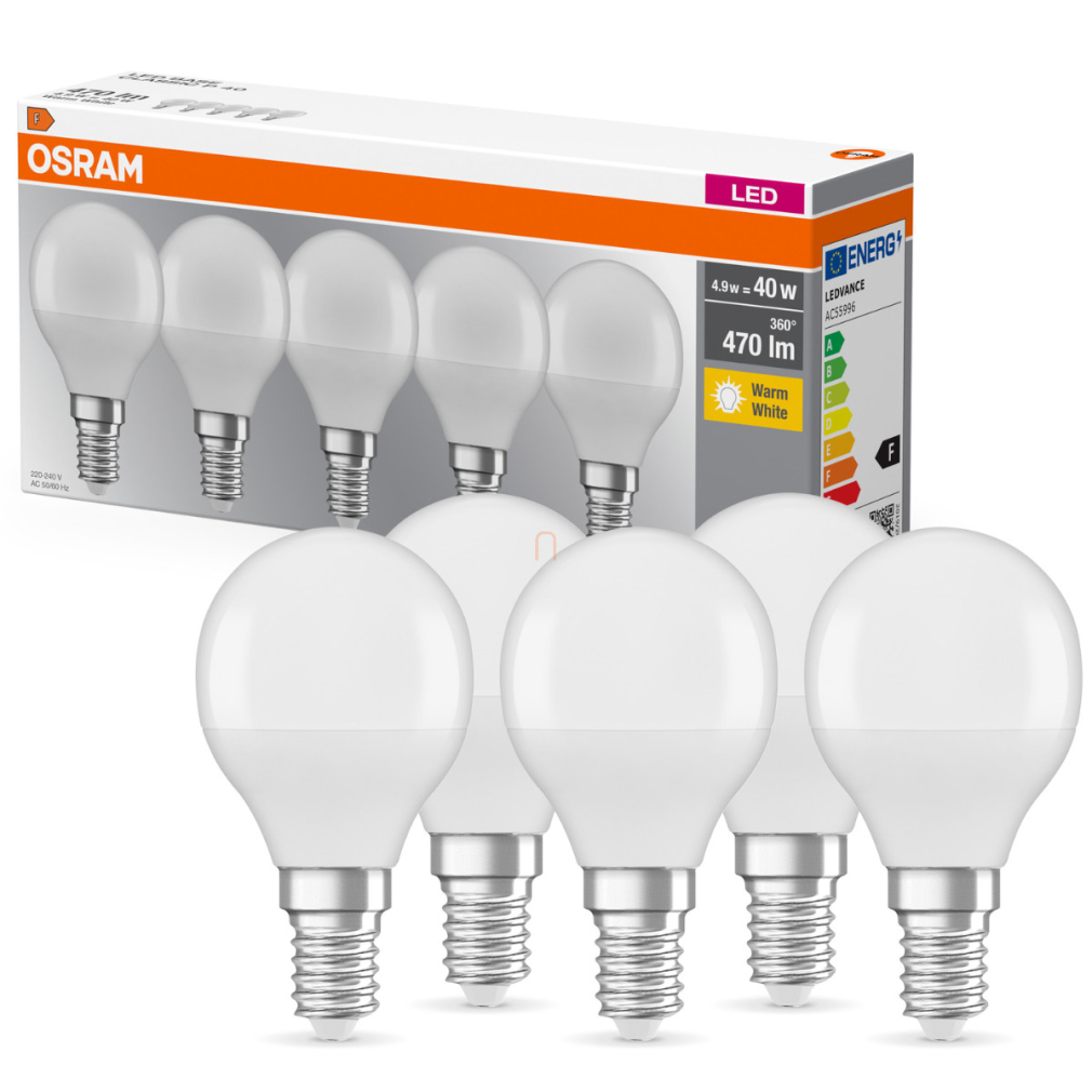 Osram E14 LED kisgömb, 4,9W, 470 lm, 2700 K, melegfehér, opál műanyag-40 W izzó helyett, 5 darabos - Base Classic P