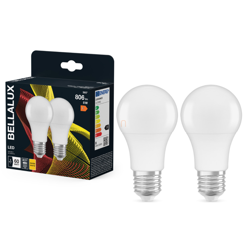 Bellalux E27 LED, 8W, 806 lm, 2700 K, melegfehér, opál műanyag-60 W normál izzó helyett, 2 darabos - Classic A 