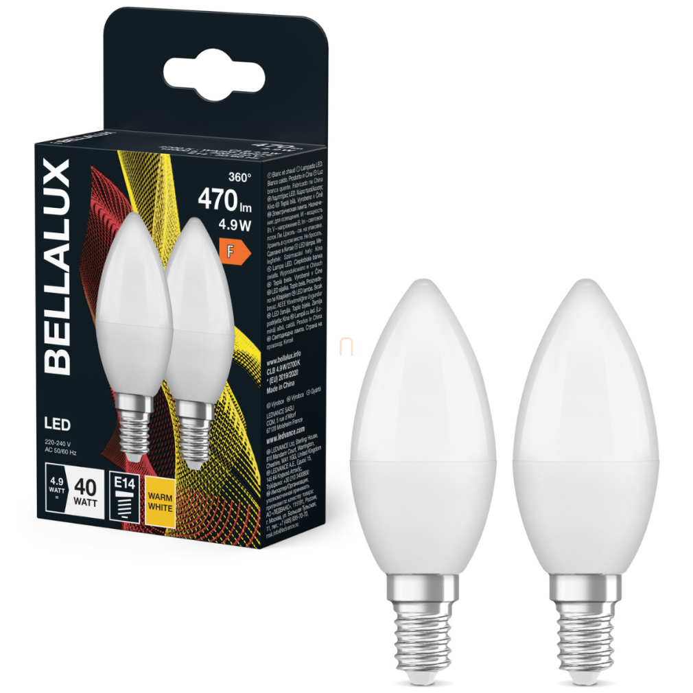 Bellalux E14 LED gyertya, 4,9W, 470 lm, 2700 K, melegfehér, opál műanyag-40 W izzó helyett, 2 darabos - Classic B