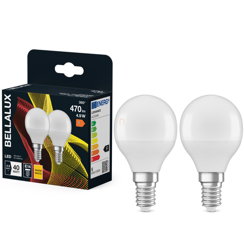 Bellalux E14 LED kisgömb, 4,9W, 470 lm, 2700 K, melegfehér, opál műanyag-40 W izzó helyett, 2 darabos - Classic P