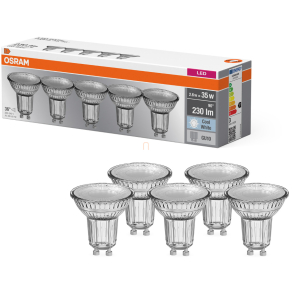   Osram GU10 LED 2,6W, 230 lm, 4000 K, hidegfehér, áttetsző üveg-35 W izzó helyett, 5 darabos - Base Spot PAR16
