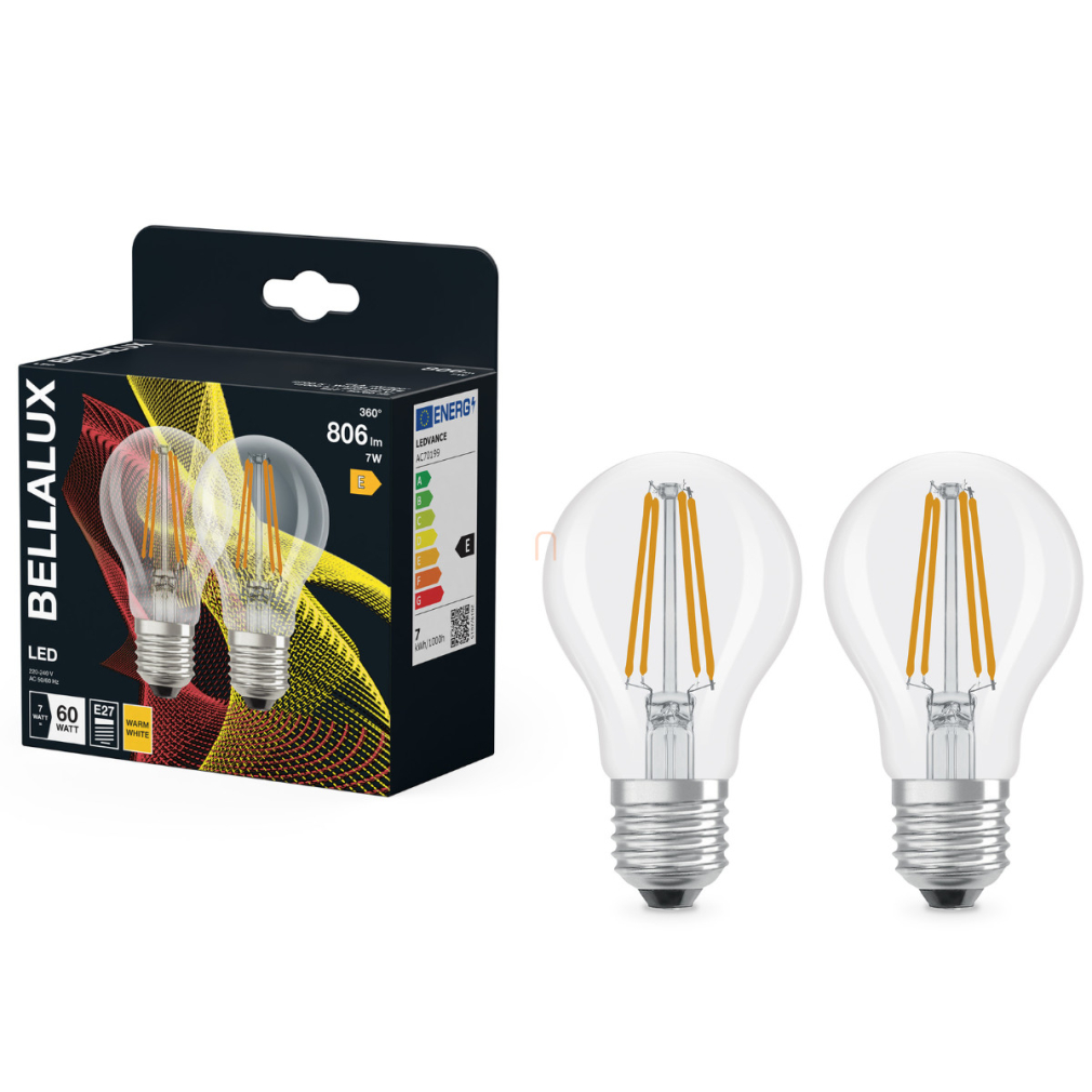 Bellalux E27 LED, 7W, 806 lm, 2700 K, melegfehér, áttetsző üveg-60 W normál izzó helyett, 2 darabos - Classic A 60 filament
