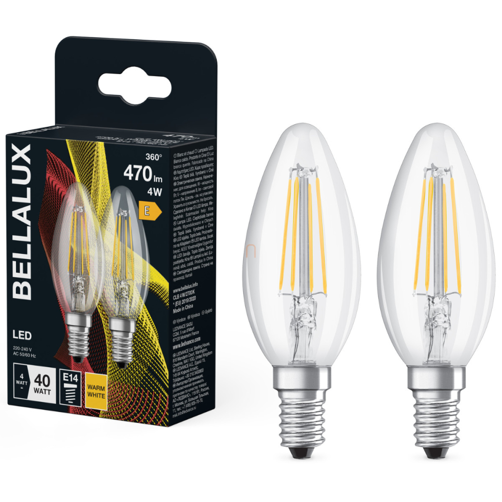 Bellalux E14 LED gyertya, 4W, 470 lm, 2700 K, melegfehér, áttetsző üveg-40 W izzó helyett, 2 darabos - Classic B filament