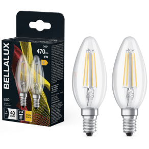   Bellalux E14 LED gyertya, 4W, 470 lm, 2700 K, melegfehér, áttetsző üveg-40 W izzó helyett, 2 darabos - Classic B filament