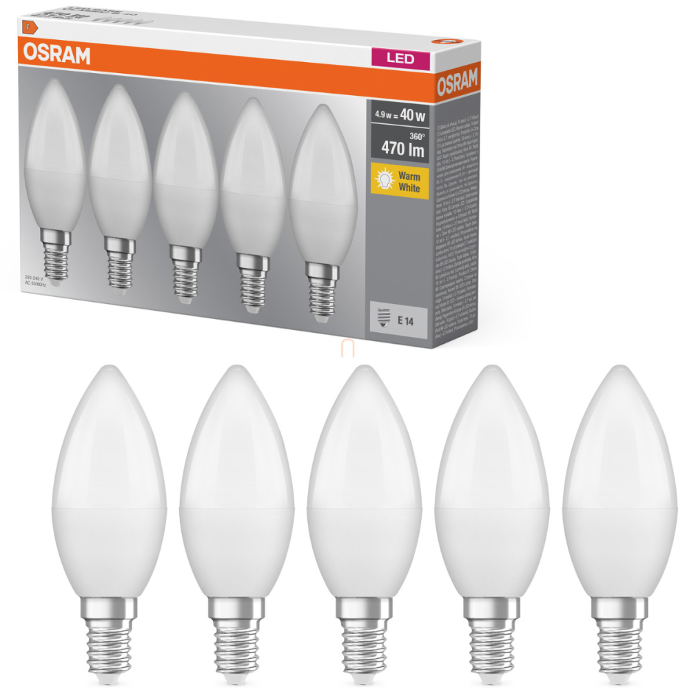 Osram E14 LED gyertya, 4,9W, 470 lm, 2700 K, melegfehér, opál műanyag-40 W izzó helyett, 5 darabos - Base Classic B