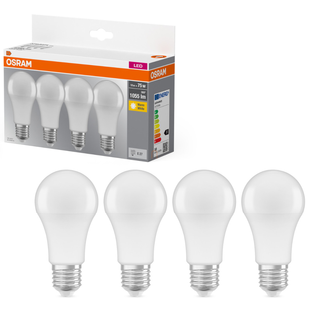 Osram E27 LED 10W, 1055 lm, 2700 K, melegfehér, opál műanyag-75 W normál izzó helyett, 4 darabos - Base Classic A