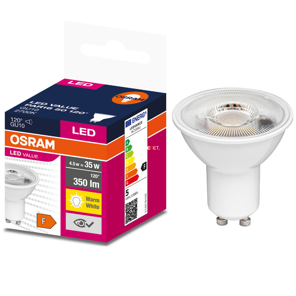 Osram GU10 LED Value 5W 350lm 2700K melegfehér 120° - 35W izzó helyett