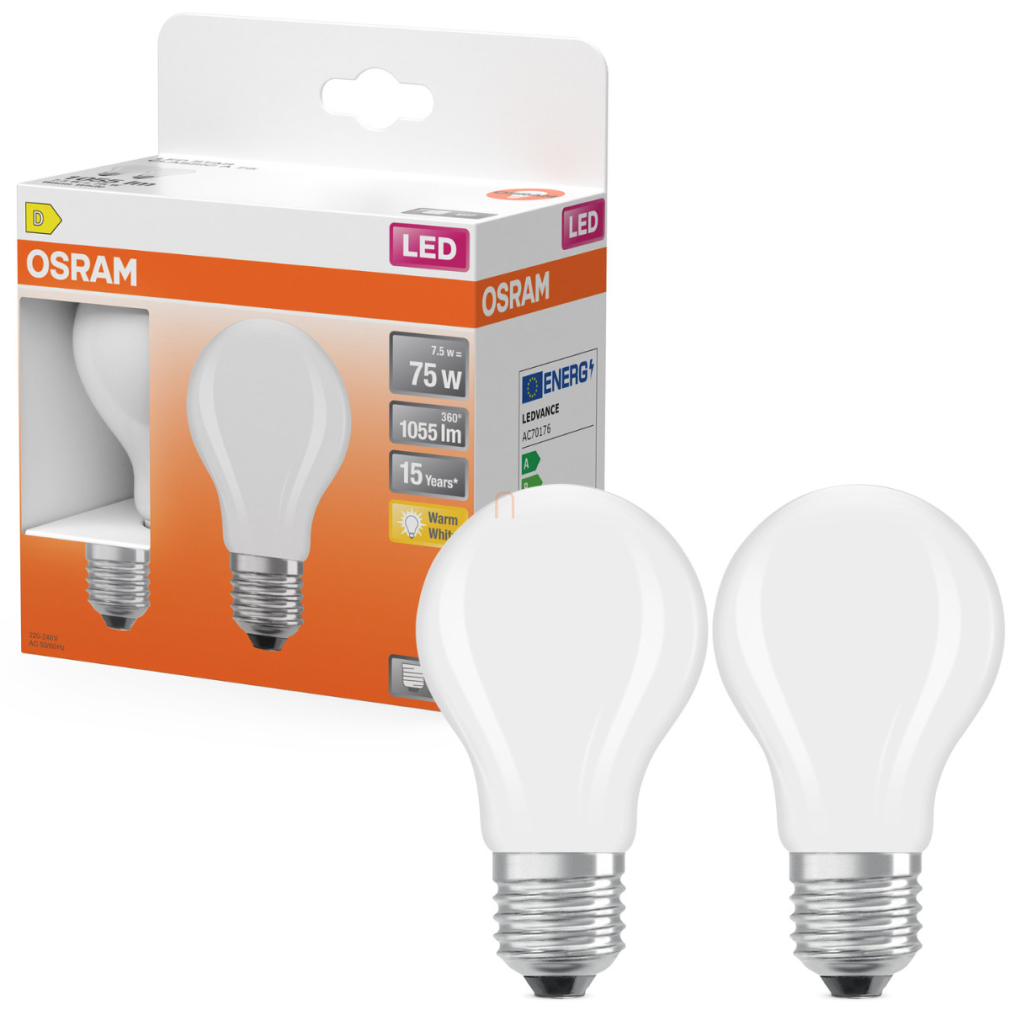 Osram E27 LED 7,5W, 1055 lm, 2700 K, melegfehér, opál üveg-75 W normál izzó helyett, 2 darabos - Star Classic A