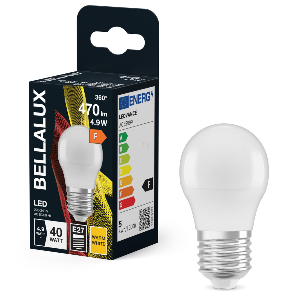 Bellalux E27 LED kisgömb, 4,9W, 470 lm, 2700 K, melegfehér, opál műanyag-40 W izzó helyett - Classic P